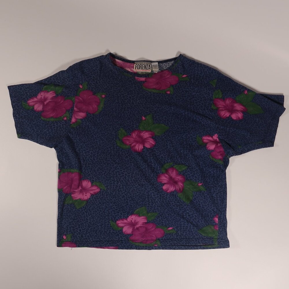 VTG 80s Forenza Made in Italy Dolman Tee Indigo Leopard Hibiscus Archive XS